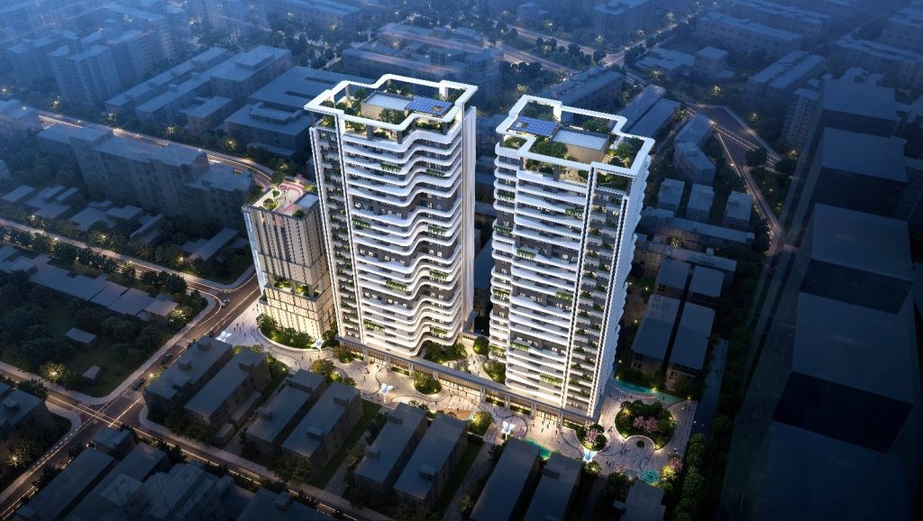 新聞照片二 更新後規劃興建兩棟住宅大樓及一棟法院大樓夜間模擬建築示意圖。(最優申請人提供)